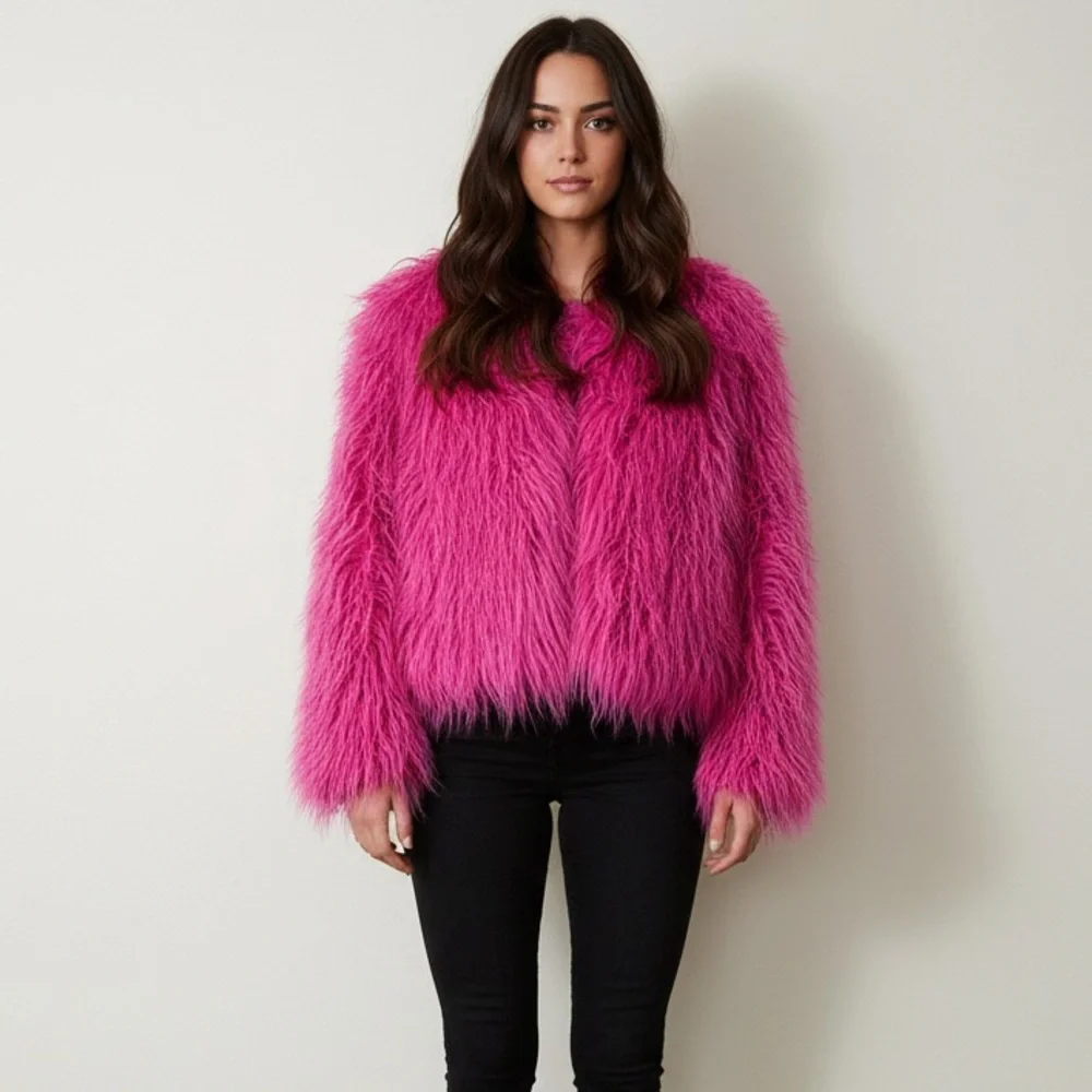 Ailubaodan Hot Pink Faux Fur Jacket Fuchsia - Picture 1 of 7